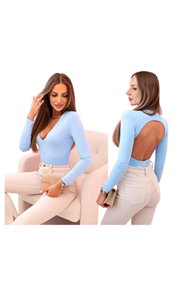 Kesi Women's blue bodysuit with long sleeves and Plunging Neckline