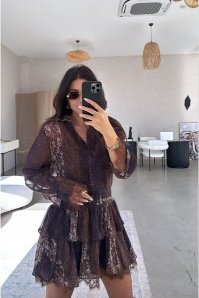 asyadabutik Γυναικείο Μίνι Φόρεμα από Σιφόν με Δαντελένια Λεπτομέρεια και Για...