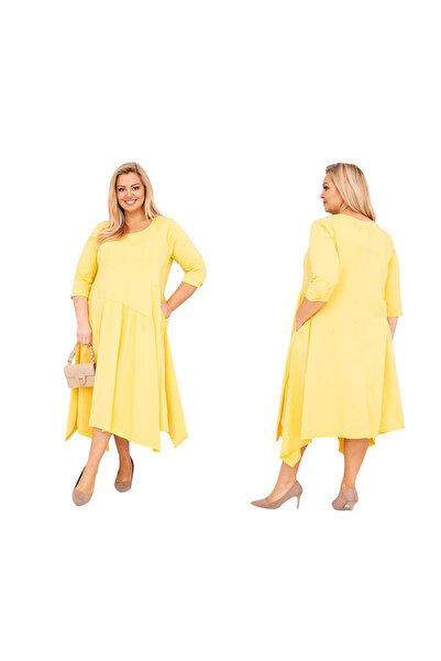 Kesi Women's yellow asymmetrical Cotton dress, plus size, with Pocketed