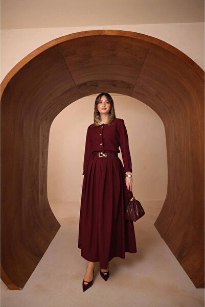 Balenbi Pleated Long Skirt Belt Piece Buttoned Hijab Women's Suit 1200 - Form...
