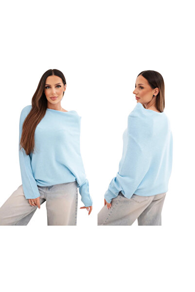 Kesi Pulover albastru asimetric supradimensionat pentru femei, cu decolteu larg