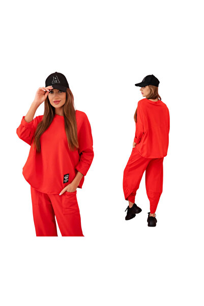 Kesi Set roșu din bumbac pentru femei: hanorac și pantaloni supradimensionați