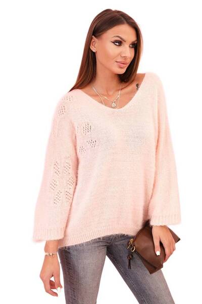 Kesi Pulover roz pudrat pentru femei din mohair, cu croială lejeră și decolte...