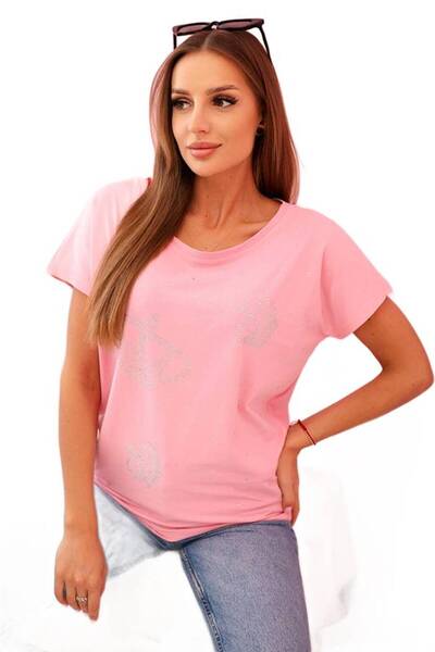 Kesi Bluză de damă cu mâneci scurte și strasuri, roz deschis