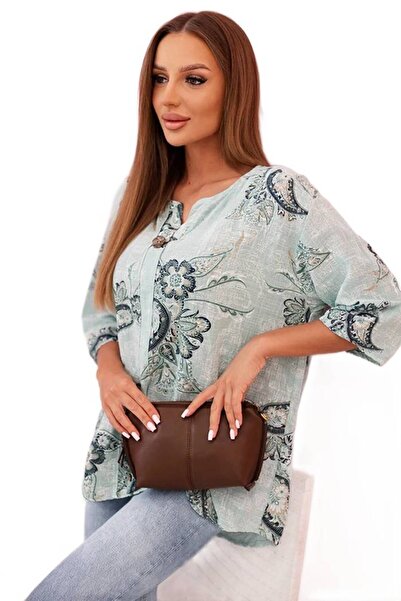 Kesi Bluză de damă din bumbac cu mâneci suflecate și model paisley, mentă