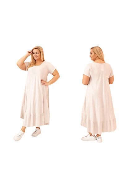 Kesi Rochie maxi bej pentru femei, din viscoză Plus Size, cu mâneci scurte