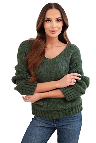 Kesi Pulover kaki pentru femei din amestec de lână cu decolteu în V