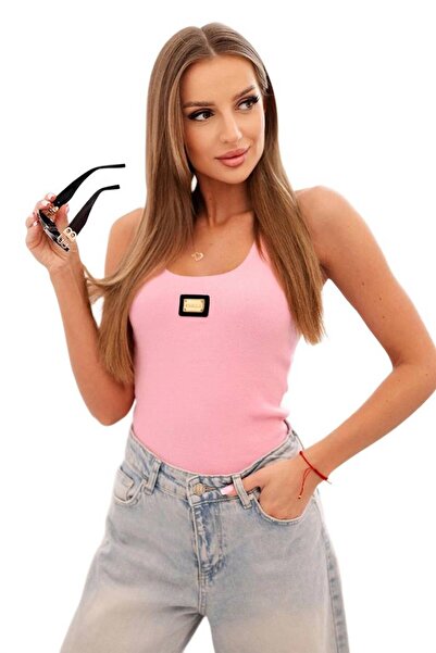 Kesi Women's light pink top with straps and applique, ribbed