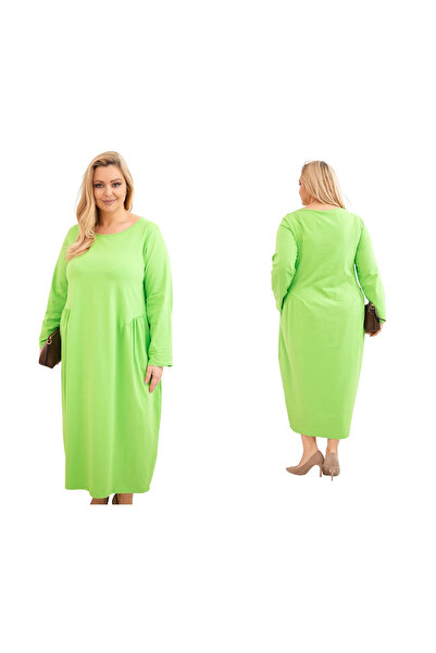 Kesi Light green women's dress, plus size, made of Cotton, with a loose cut