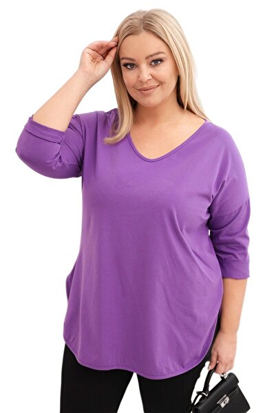 Kesi Bluză mov din bumbac, mărime plus, cu decolteu în V și mâneci rulate