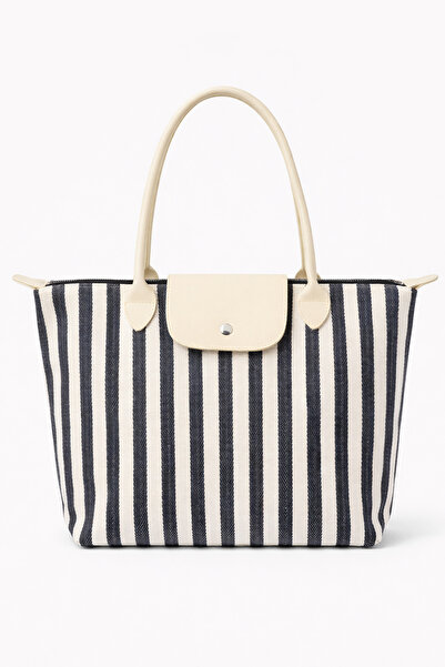 PJ & Me Kadın Büyük Omuz Çantası – Çizgili Keten Tote Çanta