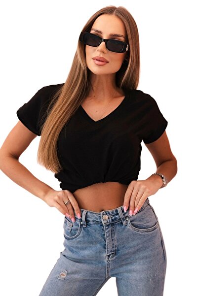 Kesi Women's Cotton blouse with V-neck and short sleeves, black