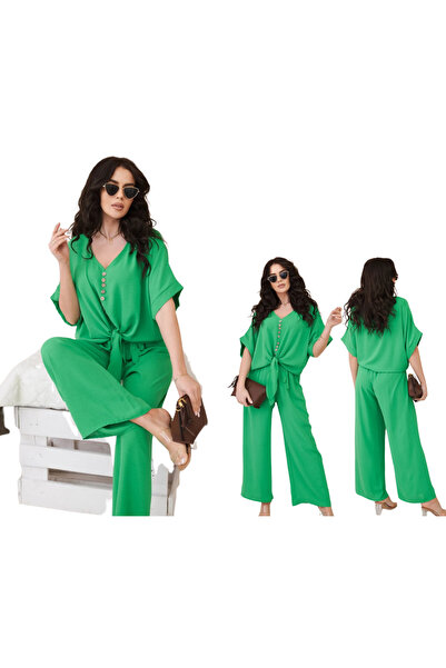 Kesi Set de damă verde deschis: bluză cu nasturi și pantaloni cu croi larg