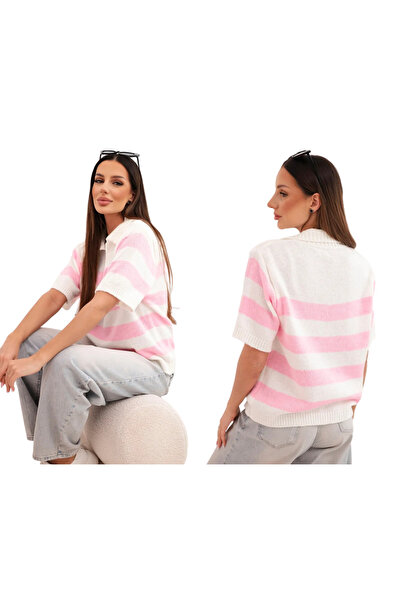 Kesi Women's ecru striped sweater with collar