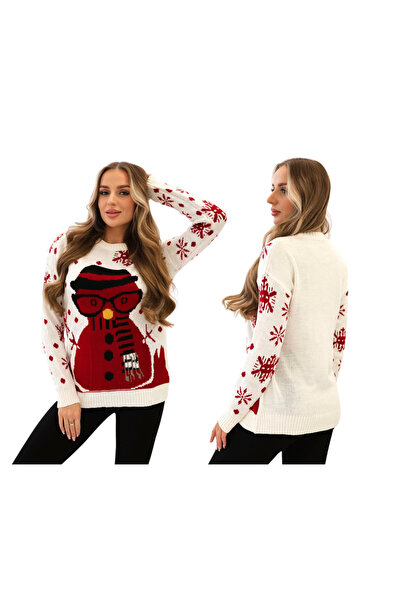 Kesi Pulover de Crăciun ecru pentru femei cu un om de zăpadă în ochelari și f...