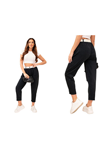 Kesi Pantaloni negri de damă din catifea reiată 7/8 din bumbac, cu curea