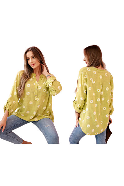 Kesi Bluză Kiwi pentru femei cu imprimeu floral din in și mânecă lungă, cu na...