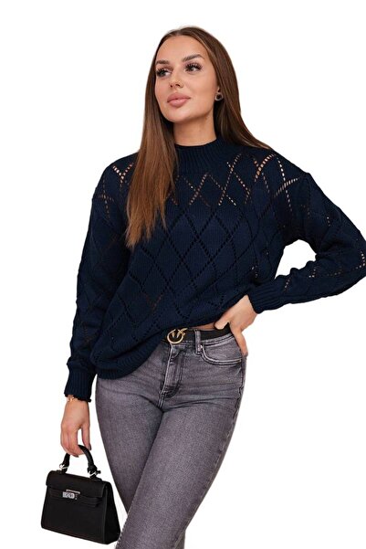 Kesi Pulover bleumarin cu guler înalt și model cu romburi