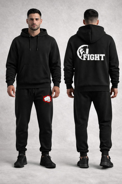 HerTarzınTrendi Fight Printed Hooded unisex tracksuit set - black sport Hoode...