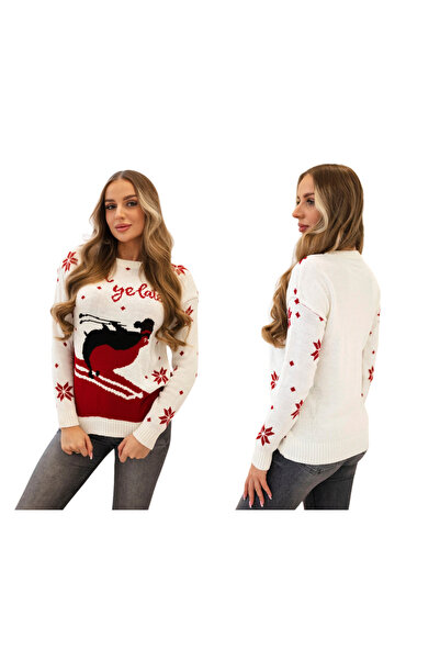 Kesi Pulover ecru de Crăciun pentru femei cu o schioară și inscripția „Ski Ye...