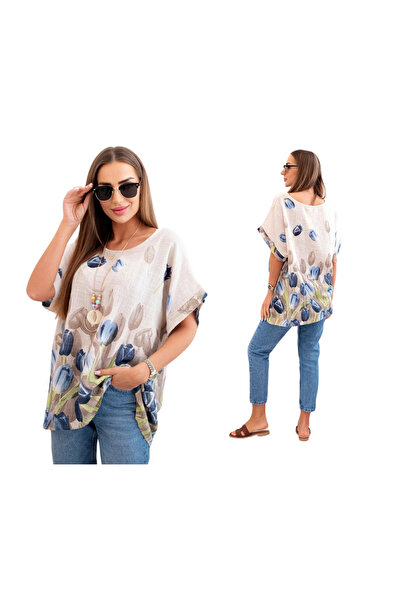 Kesi Women's beige oversized Cotton blouse with Patterned