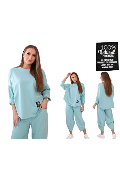 Kesi Set de damă din bumbac mentă deschisă: hanorac și pantaloni supradimensi...