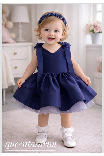 Queen tasarım Lacivert Kız Bebek Abiye Elbise Özel Gün, Doğum Günü ve Davet E...