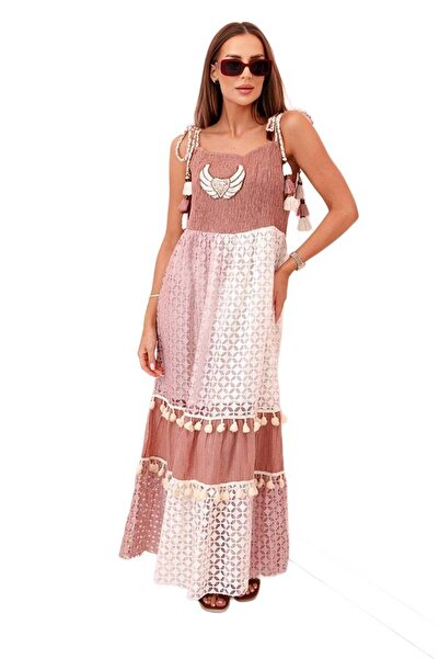 Kesi Rochie maxi boho pentru femei, culoarea camel, cu bretele, broderie și c...