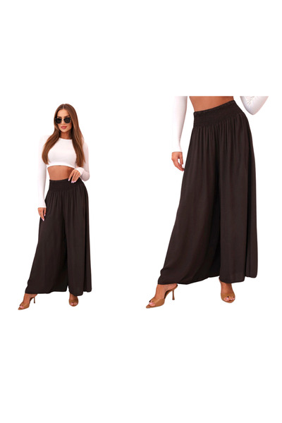 Kesi Pantaloni largi de damă maro cu talie elastică din viscoză ușoară