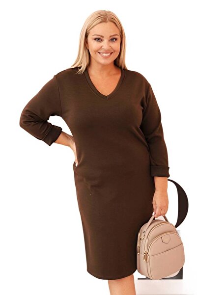 Kesi Women's brown V-neck dress, plus size