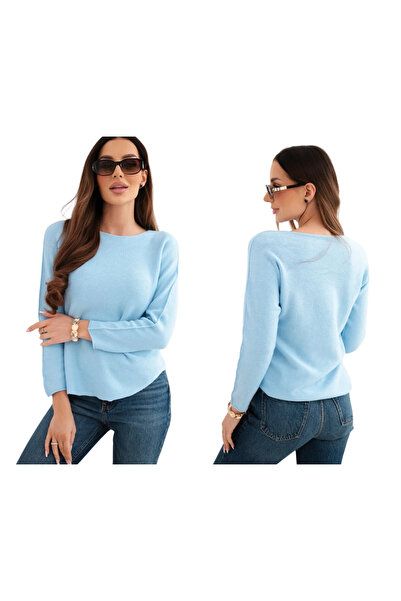 Kesi Pulover albastru din viscoză pentru femei, cu mâneci lungi și decolteu r...