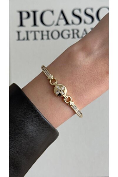 İREM YILDIZ 316L VİP Çelik 14K Gold Minimal Zirkon Taşlı Kelepçe Bileklik- Şı...