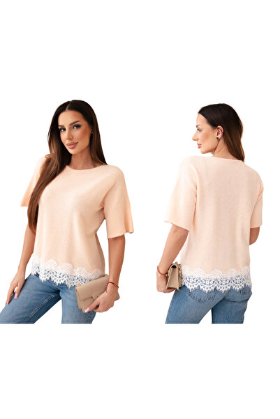 Kesi Women's salmon blouse with Lace trim