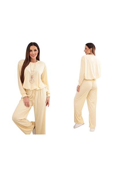 Kesi Set de damă galben din viscoză cu pantaloni largi