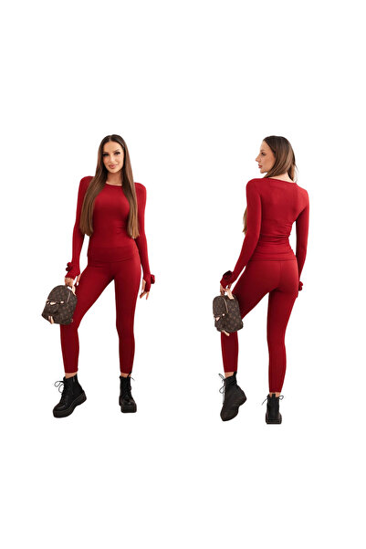 Kesi Set de bluză și colanți din viscoză cu nervuri, culoare vișinie, pentru ...