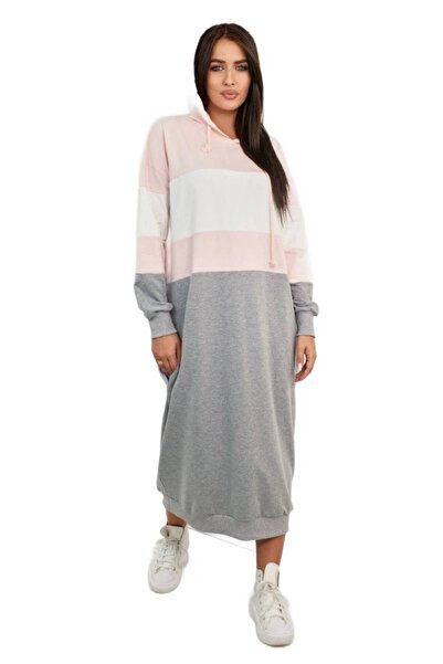 Kesi Rochie tricoloră cu glugă: roz pudrat + ecru + gri