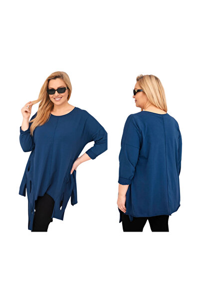 Kesi Tunică bleumarin din bumbac pentru femei, mărime mare, asimetrică, cu ti...