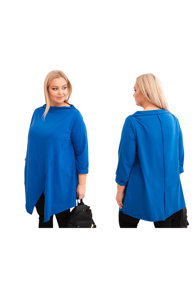 Kesi Bluză asimetrică din bumbac, mărime mare, cu mâneci suflecate, albastru-...