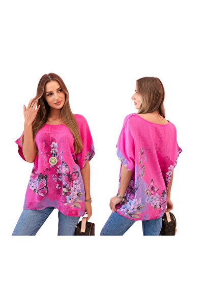 Kesi Women's oversized pink blouse with butterfly and flower motif and short ...