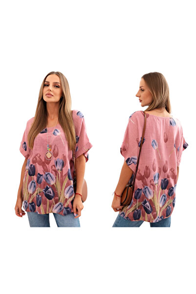 Kesi Bluză supradimensionată din bumbac, roz închis, cu model floral