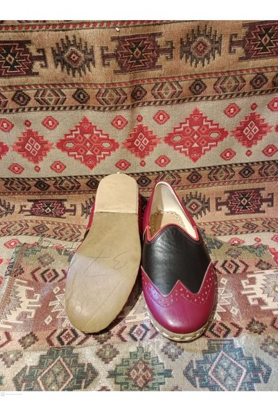 Mekapçı İhsan Burgundy Black Women's Yemeni Sandals Genuine Leather Hand-Sewn Leather Sole Size Stiletto Heel 37
