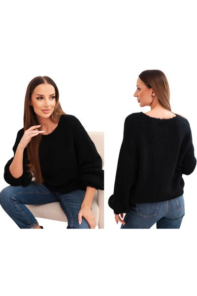 Kesi Pulover negru gros din lână pentru femei, cu mâneci lungi
