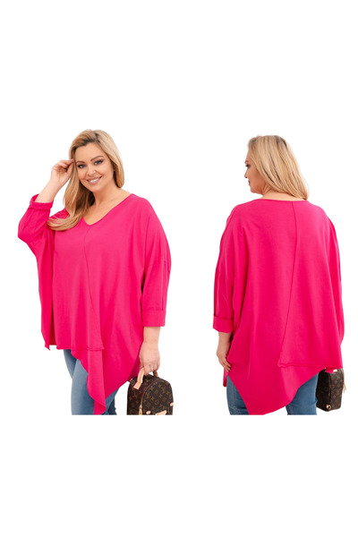 Kesi Bluză de damă fuchsia din bumbac, mărime mare, cu decolteu asimetric în V