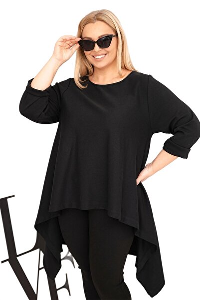 Kesi Tunică de damă din bumbac, mărime mare, cu croială asimetrică, neagră