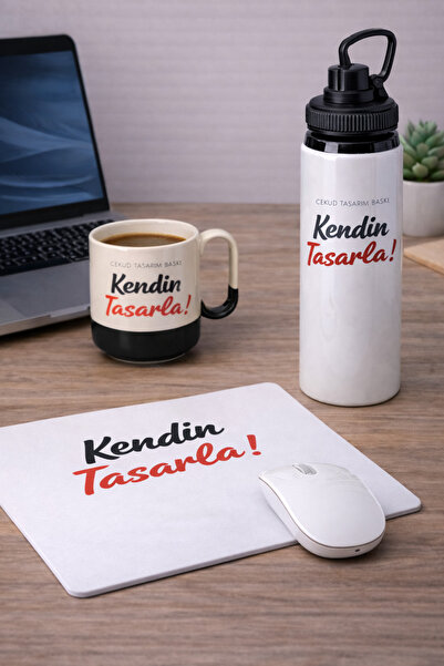 cekud tasarım baskı Kişiye Özel Ofis Seti – Termos + Siyah Altlı Kupa + Dikdö...