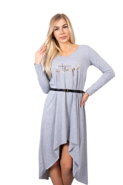 Kesi Rochie gri cu curea decorativă și inscripție