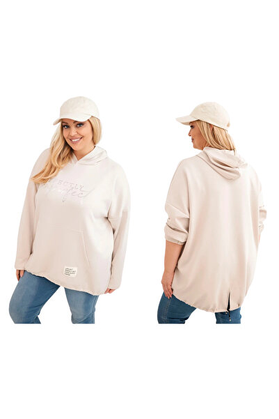 Kesi Hanorac bej din viscoză pentru femei, mărime mare, cu glugă și imprimeu