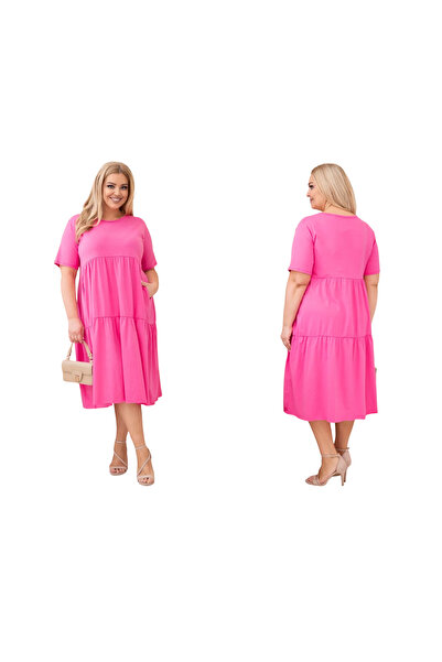 Kesi Pink Cotton flared dress, plus size, with Pocketed