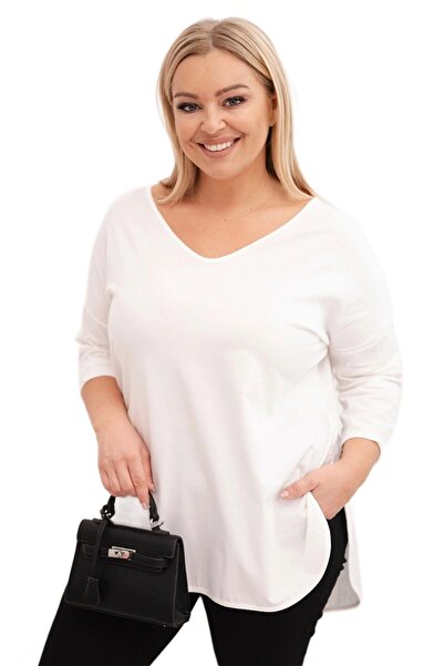 Kesi Bluză albă pentru femei, mărime plus, din bumbac, cu decolteu în V și mâ...