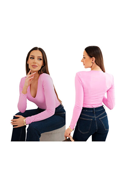 Kesi Women's candy pink fitted blouse with V-neck and long sleeves